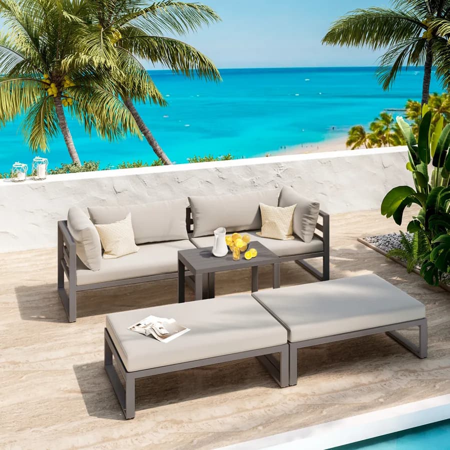 Set relax da giardino modulare in alluminio tortora con cuscini tortora chiaro - Gioza