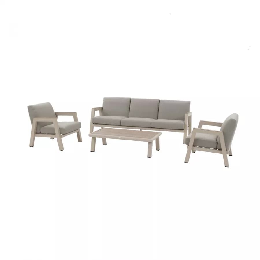 Set relax divano 2 poltrona e tavolino in alluminio crema con cuscini tortora - Jalime