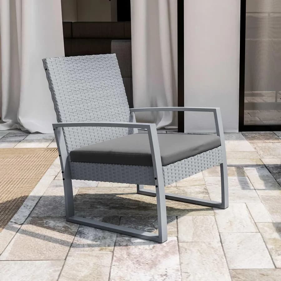 Set relax divano 2 poltrone e tavolino in polyrattan e acciaio grigio – Jerez