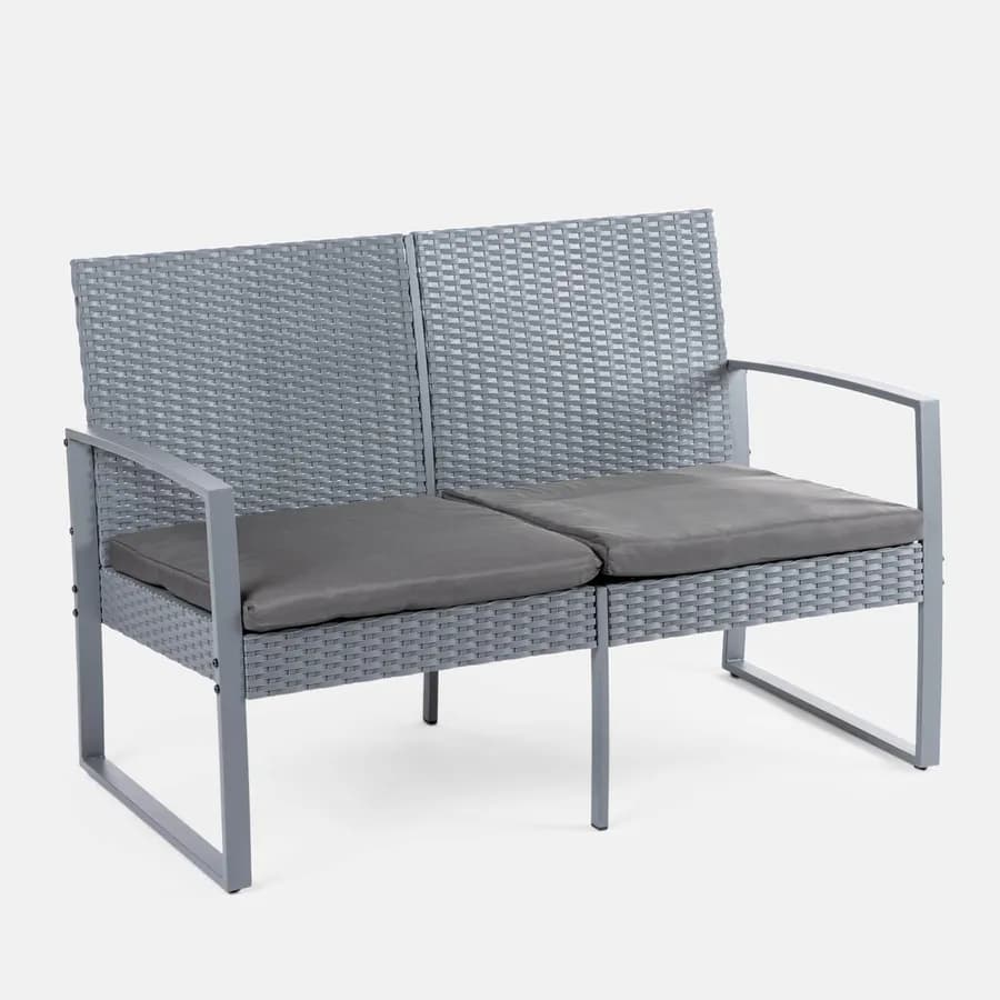Set relax divano 2 poltrone e tavolino in polyrattan e acciaio grigio – Jerez