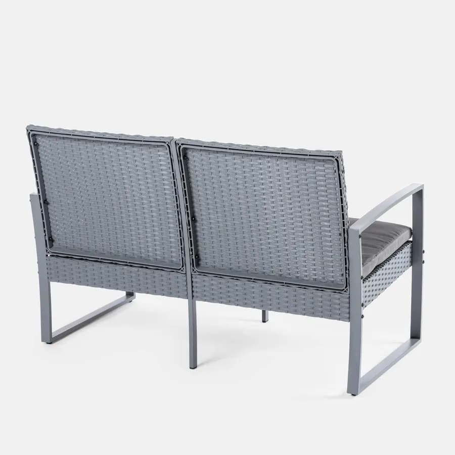 Set relax divano 2 poltrone e tavolino in polyrattan e acciaio grigio – Jerez