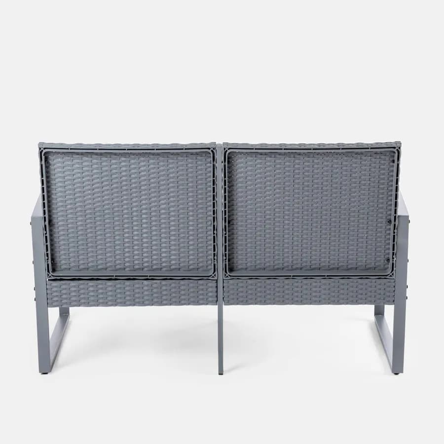 Set relax divano 2 poltrone e tavolino in polyrattan e acciaio grigio – Jerez