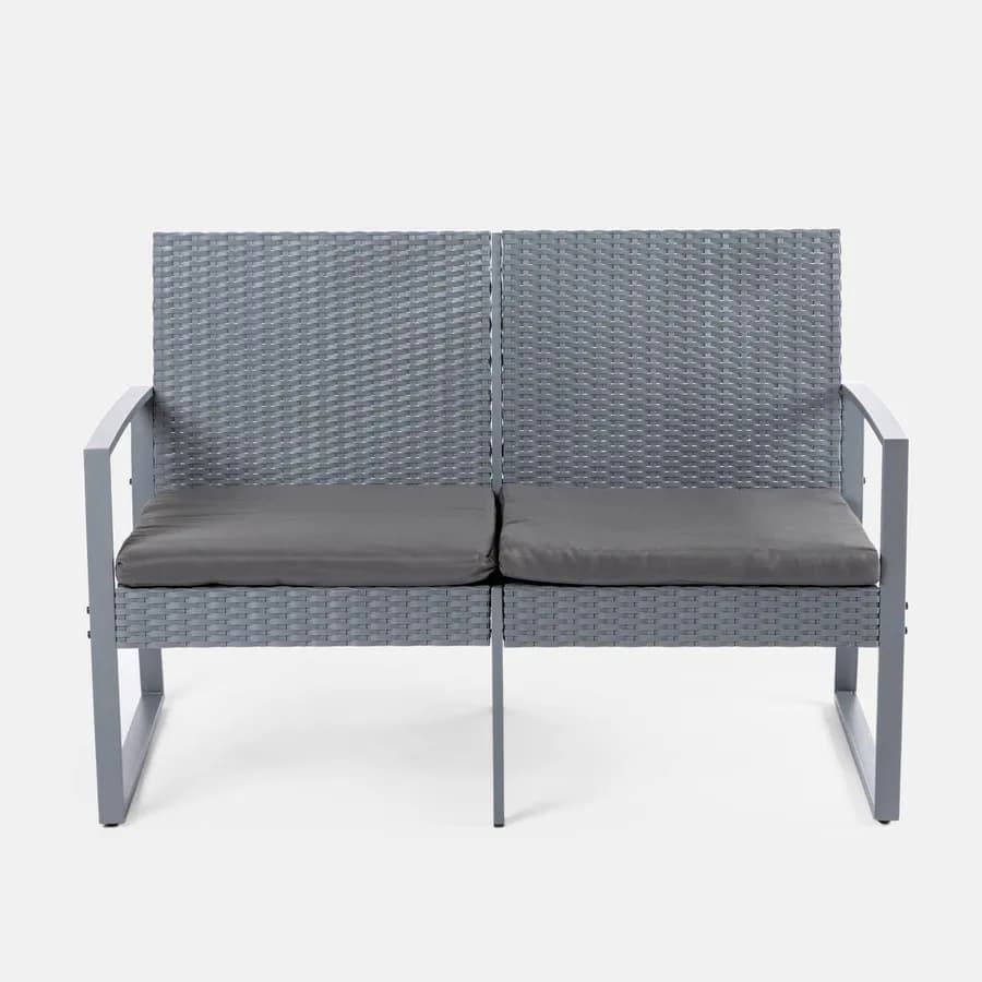 Set relax divano 2 poltrone e tavolino in polyrattan e acciaio grigio – Jerez