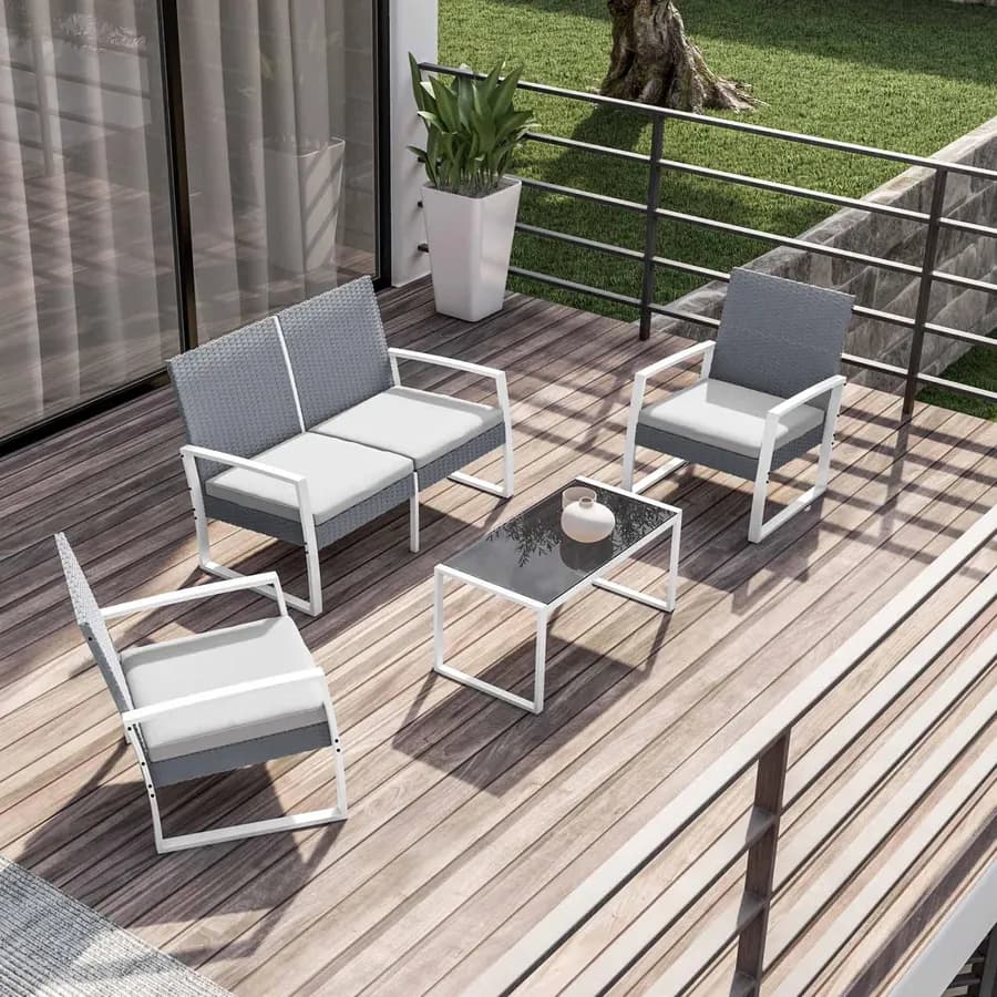 Set relax divano 2 poltrone e tavolino in polyrattan grigio e acciaio bianco – Jerez
