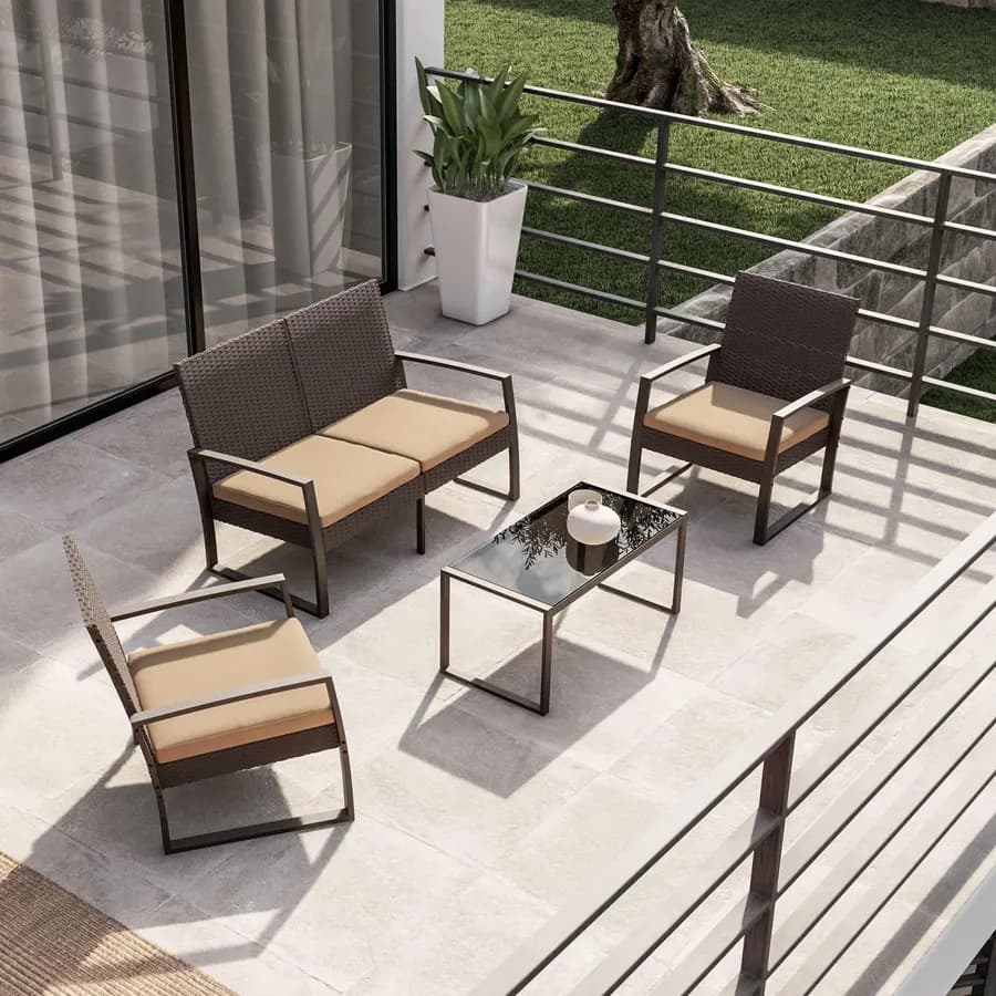 Set relax divano 2 poltrone e tavolino in polyrattan e acciaio marrone – Jerez