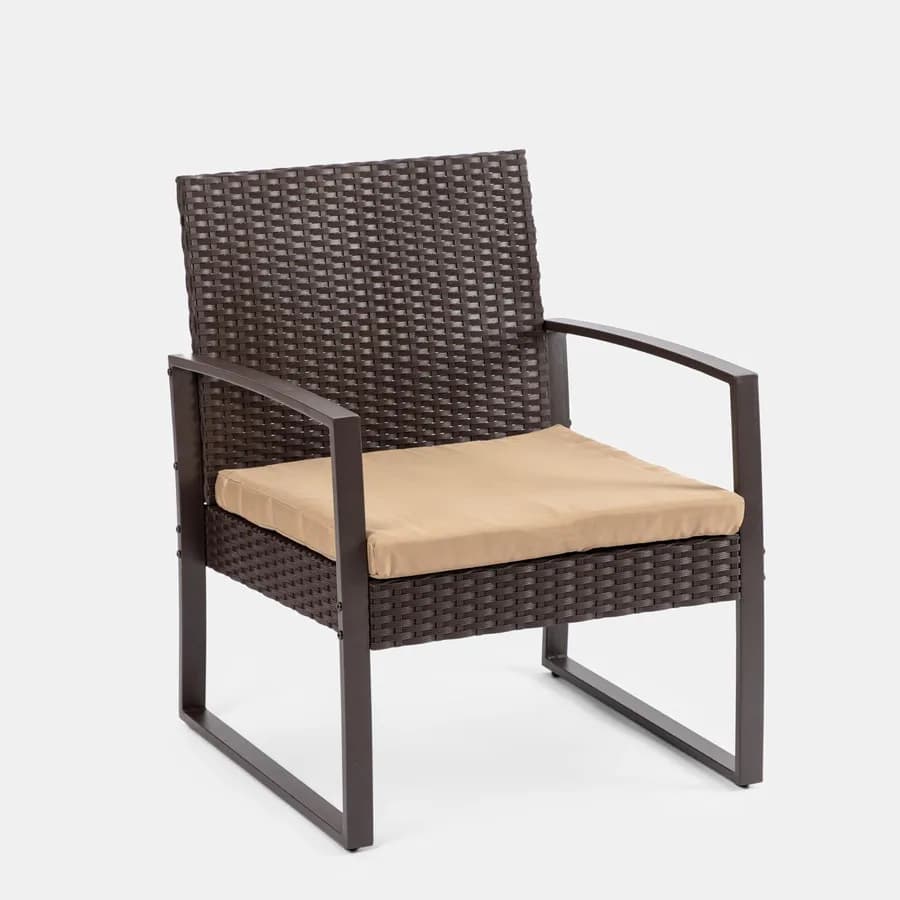 Set relax divano 2 poltrone e tavolino in polyrattan e acciaio marrone – Jerez