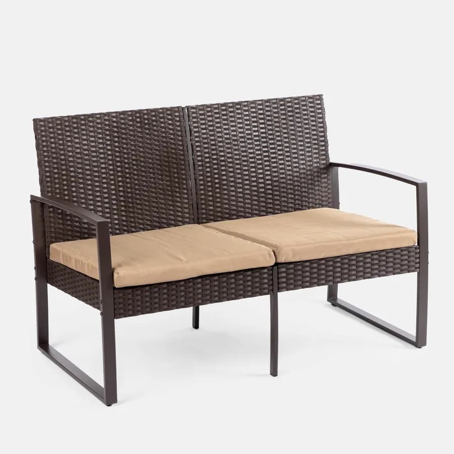 Set relax divano 2 poltrone e tavolino in polyrattan e acciaio marrone – Jerez