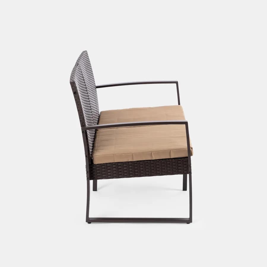 Set relax divano 2 poltrone e tavolino in polyrattan e acciaio marrone – Jerez