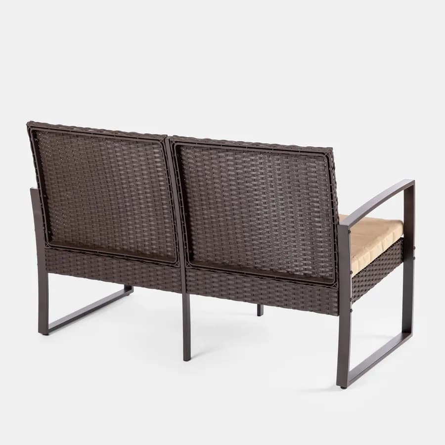 Set relax divano 2 poltrone e tavolino in polyrattan e acciaio marrone – Jerez