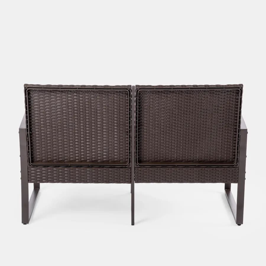 Set relax divano 2 poltrone e tavolino in polyrattan e acciaio marrone – Jerez