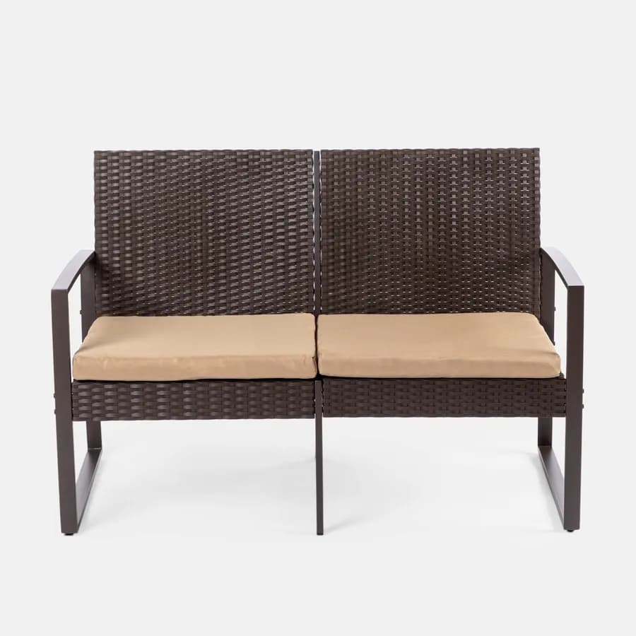 Set relax divano 2 poltrone e tavolino in polyrattan e acciaio marrone – Jerez