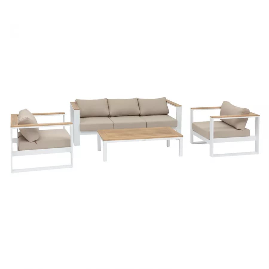 Set relax divano 2 poltrone e tavolino in alluminio bianco con dettagli in legno d'acacia - Ariona