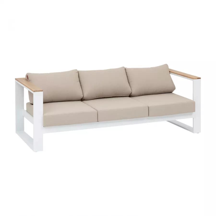 Set relax divano 2 poltrone e tavolino in alluminio bianco con dettagli in legno d'acacia - Ariona