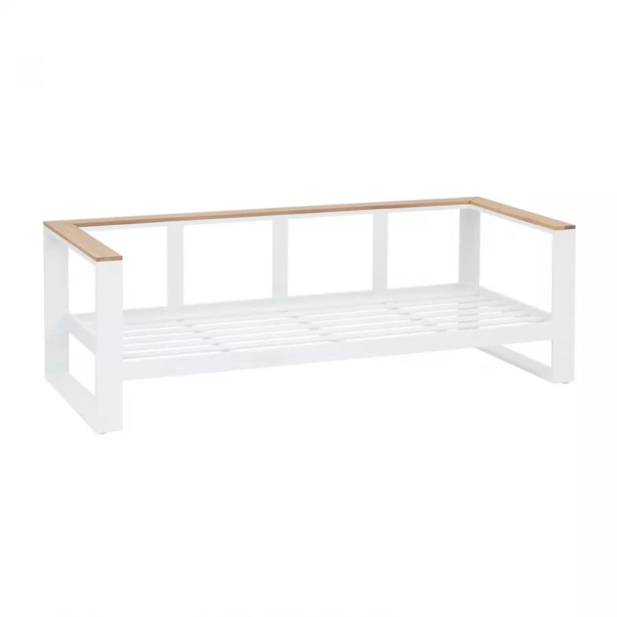 Set relax divano 2 poltrone e tavolino in alluminio bianco con dettagli in legno d'acacia - Ariona