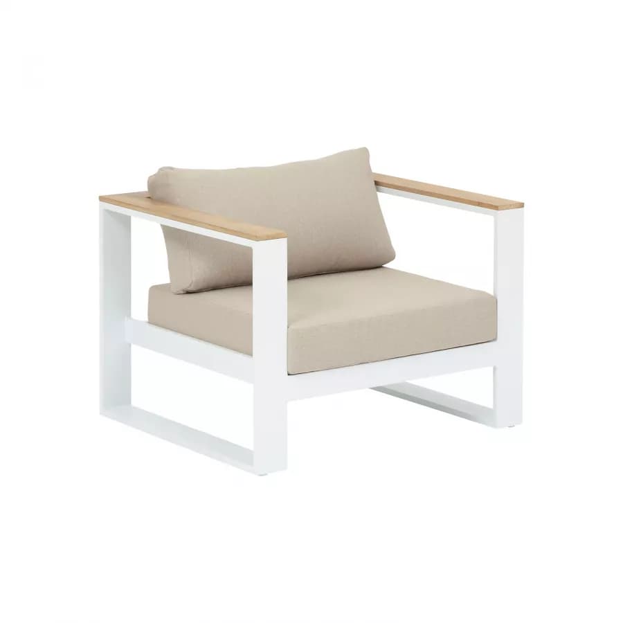 Set relax divano 2 poltrone e tavolino in alluminio bianco con dettagli in legno d'acacia - Ariona
