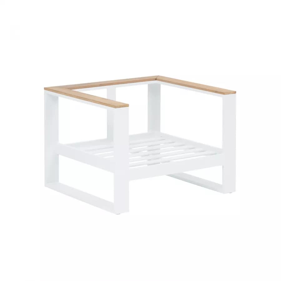 Set relax divano 2 poltrone e tavolino in alluminio bianco con dettagli in legno d'acacia - Ariona