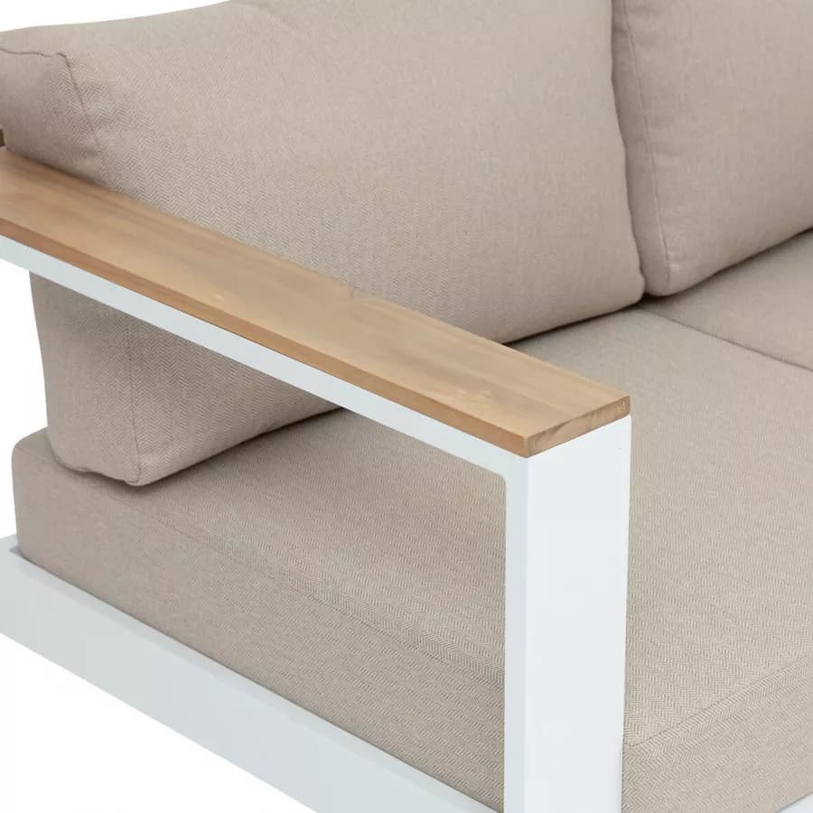 Set relax divano 2 poltrone e tavolino in alluminio bianco con dettagli in legno d'acacia - Ariona