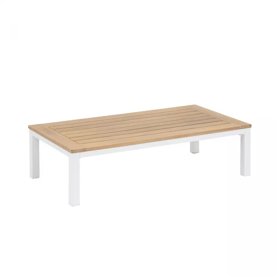 Set relax divano 2 poltrone e tavolino in alluminio bianco con dettagli in legno d'acacia - Ariona