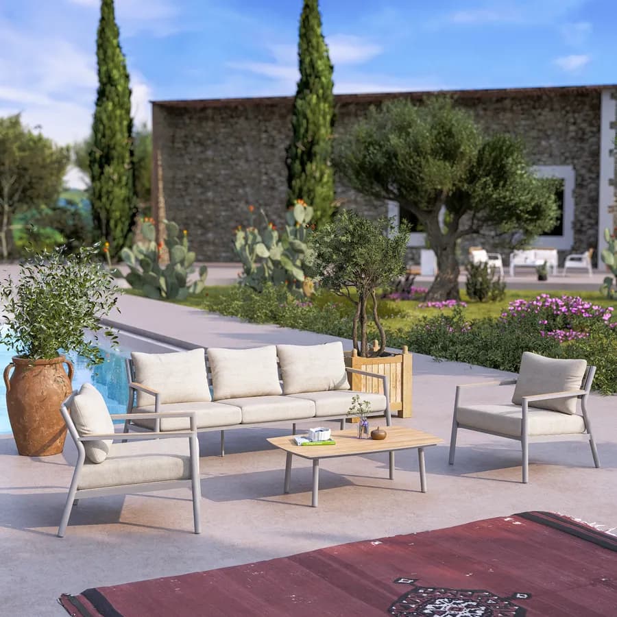 Set relax divano 3 posti due poltrone e tavolino in alluminio grigio con cuscini beige - Mibald