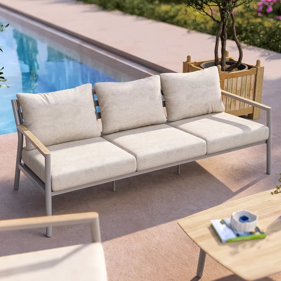 Set relax divano 3 posti due poltrone e tavolino in alluminio grigio con cuscini beige - Mibald