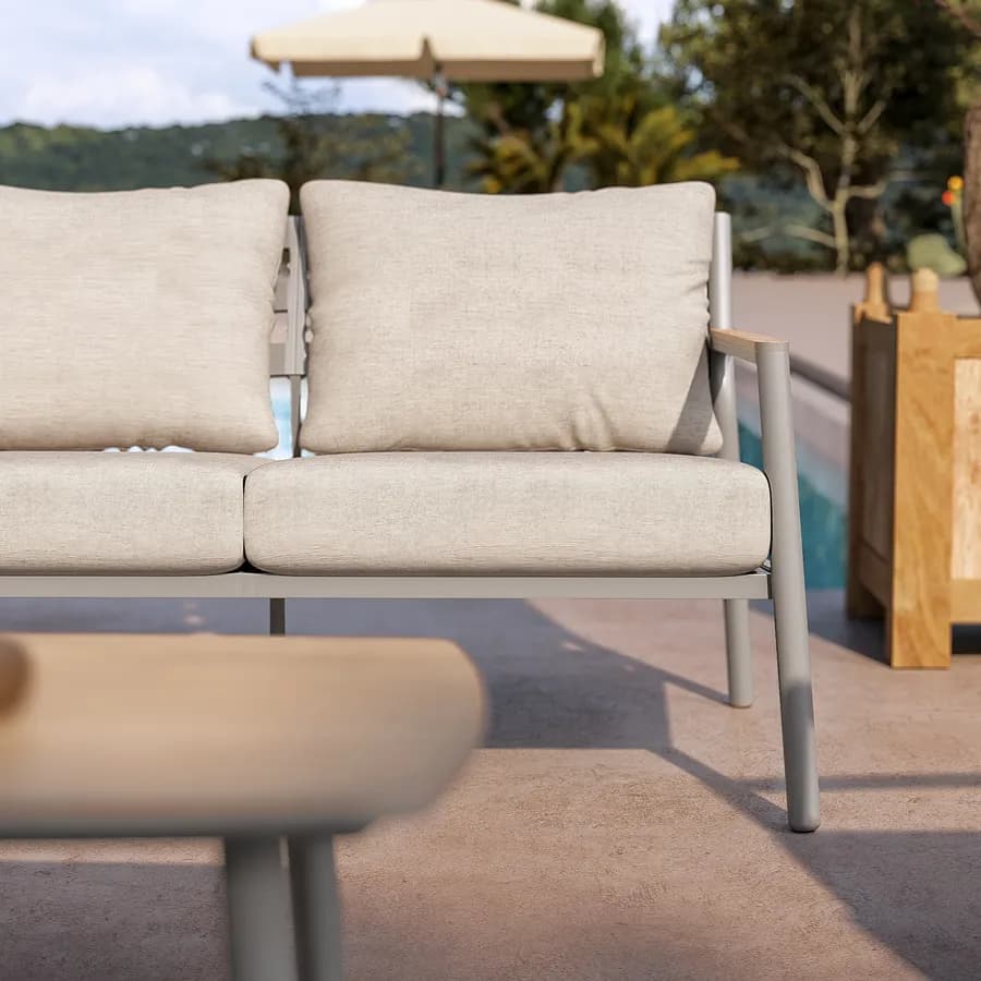 Set relax divano 3 posti due poltrone e tavolino in alluminio grigio con cuscini beige - Mibald