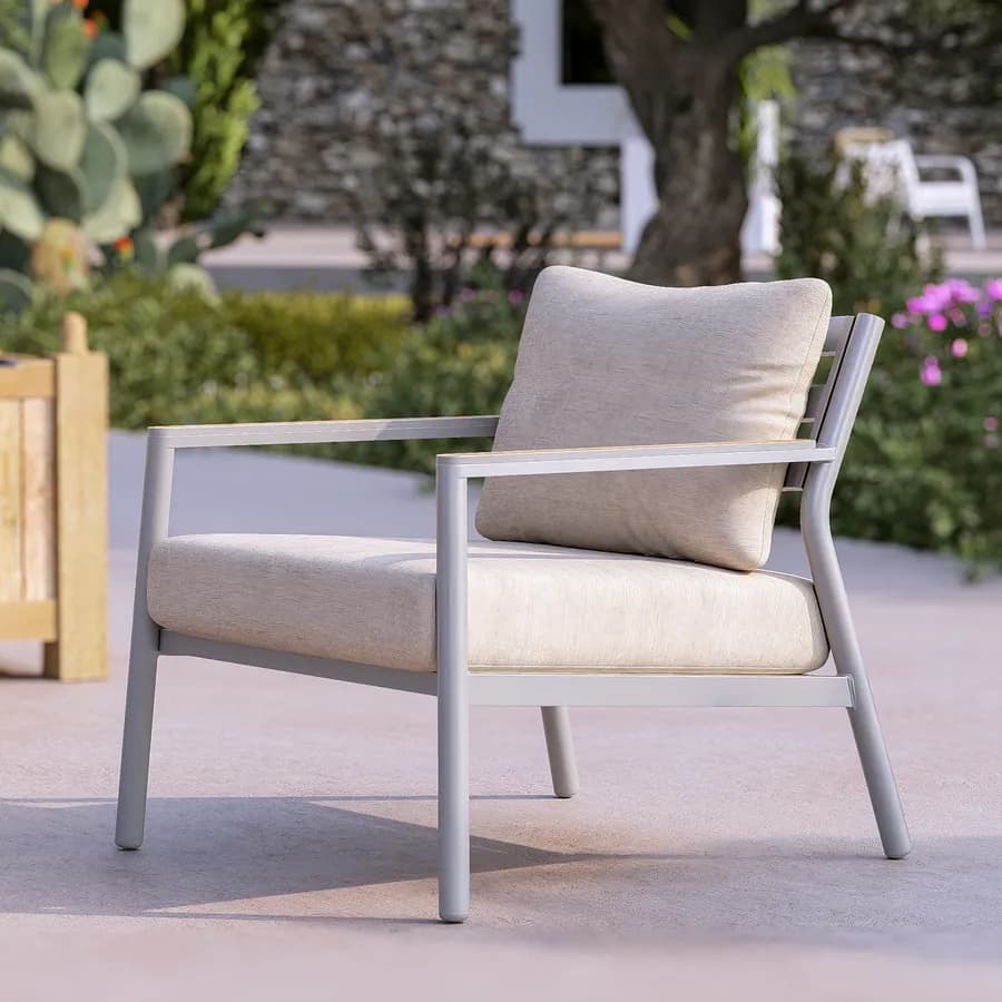 Set relax divano 3 posti due poltrone e tavolino in alluminio grigio con cuscini beige - Mibald