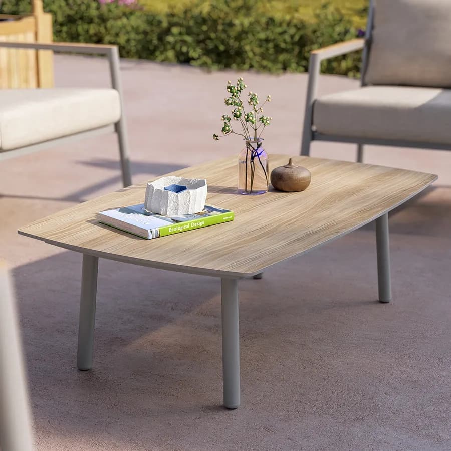 Set relax divano 3 posti due poltrone e tavolino in alluminio grigio con cuscini beige - Mibald