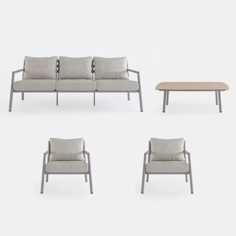 Set relax divano 3 posti due poltrone e tavolino in alluminio grigio con cuscini beige - Mibald