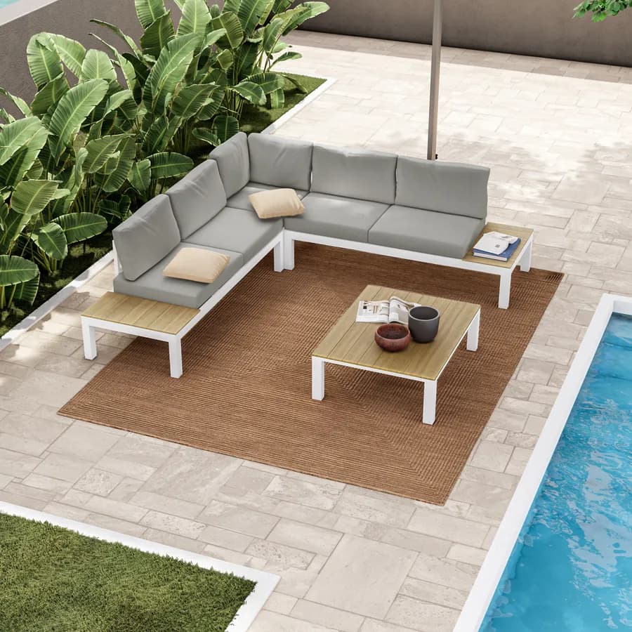 Set relax divano angolare e tavolino in alluminio e polywood teak - Stephane