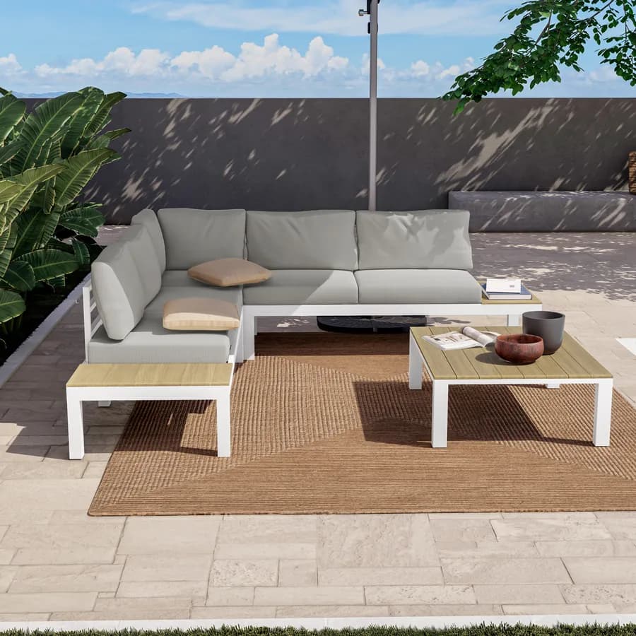 Set relax divano angolare e tavolino in alluminio e polywood teak - Stephane