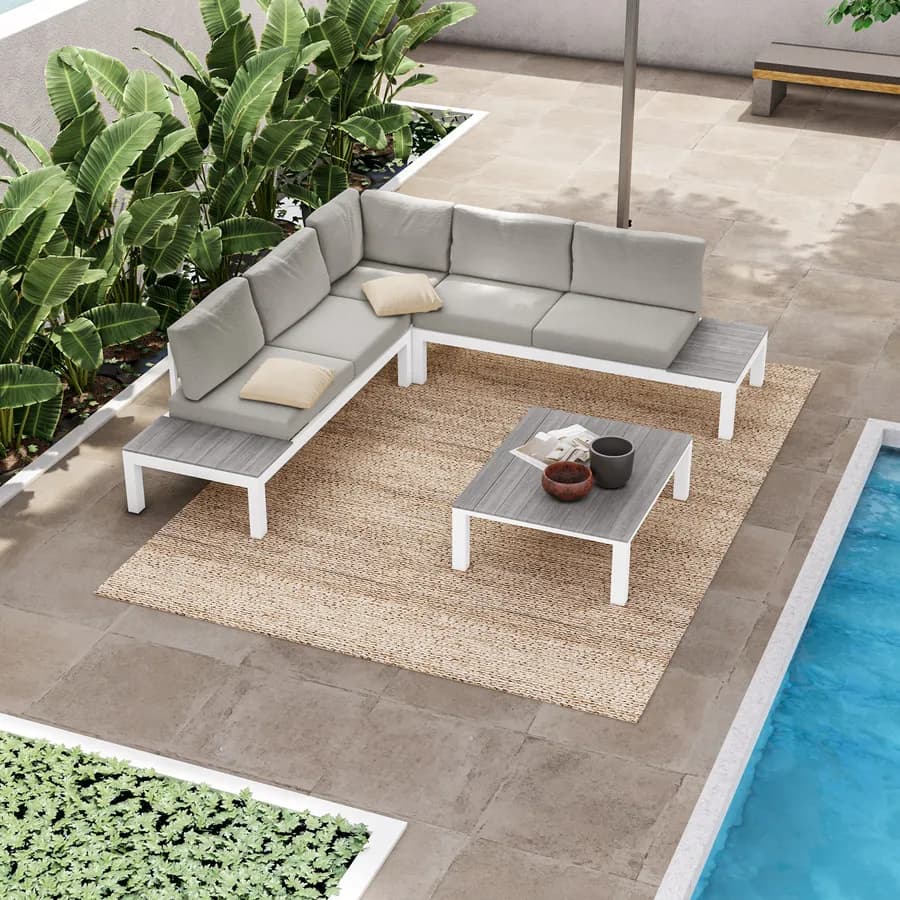 Set relax divano angolare grigio e tavolino in alluminio bianco e polywood - Stephane