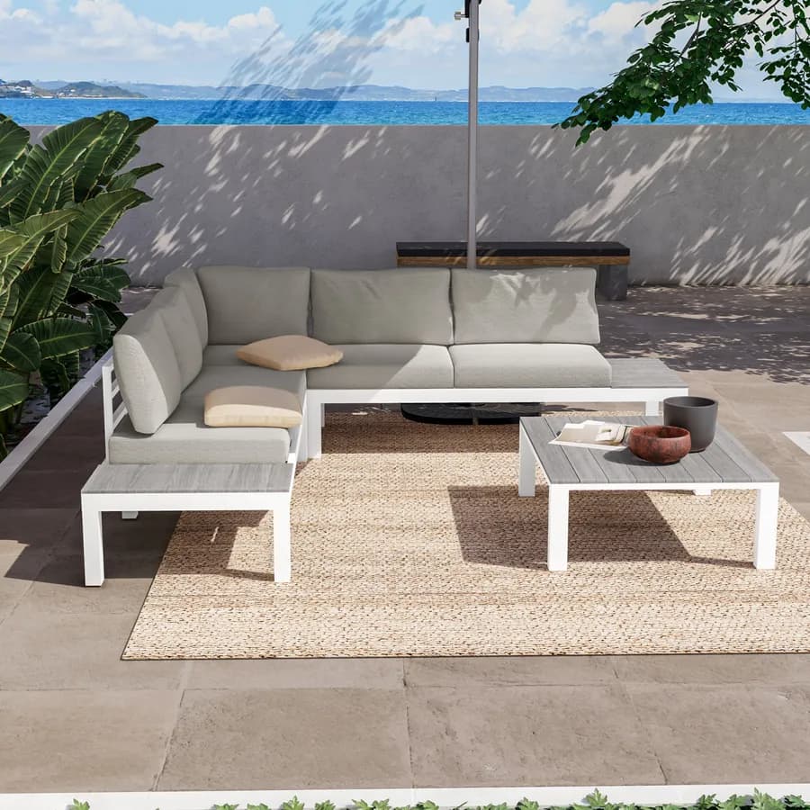 Set relax divano angolare grigio e tavolino in alluminio bianco e polywood - Stephane