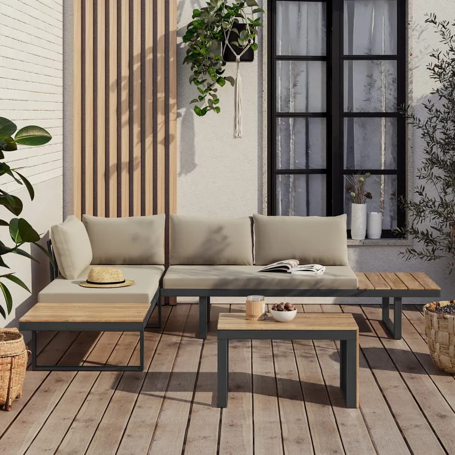 Set relax modulare in alluminio antracite e dettagli effetto legno con cuscini tortora - Scilla