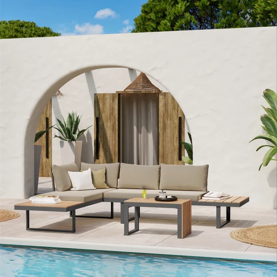 Set relax modulare in alluminio antracite e dettagli effetto legno con cuscini tortora - Scilla