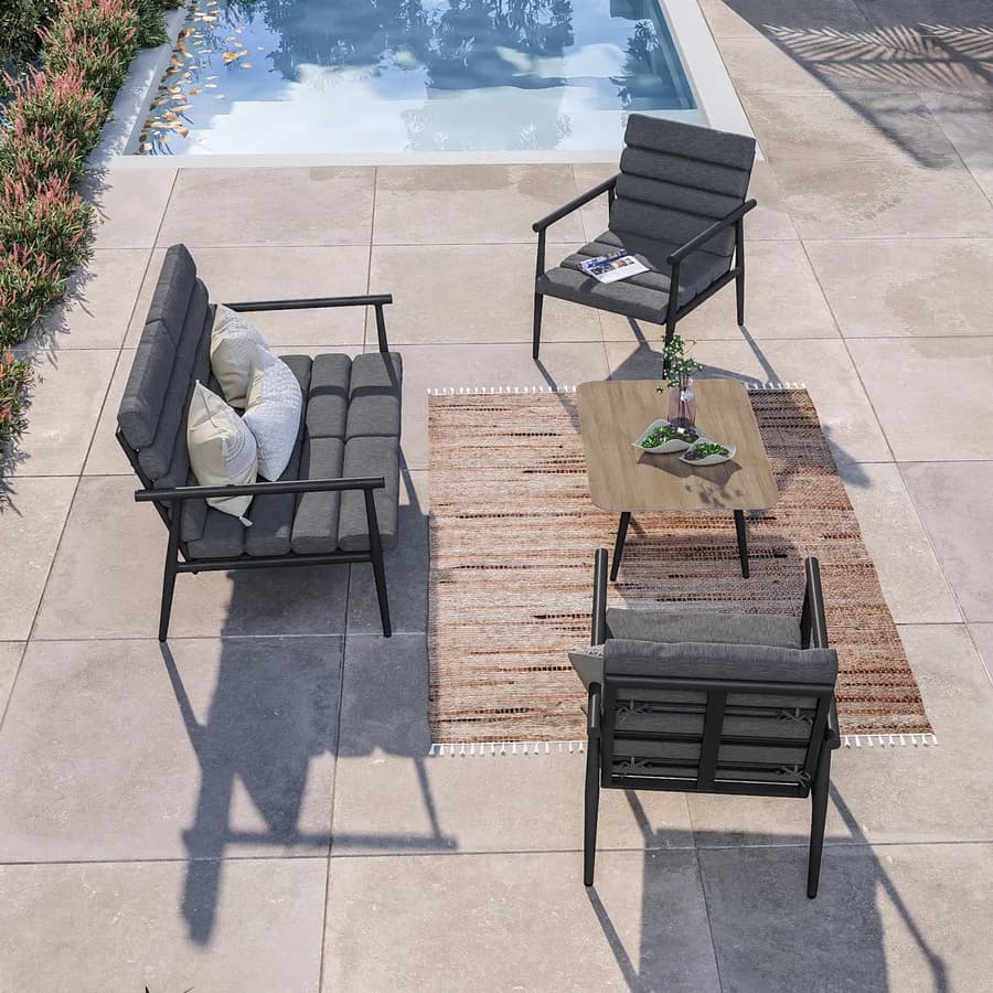 Set relax divano due poltrone e tavolino in alluminio grigio opaco con cuscini - Elyzor