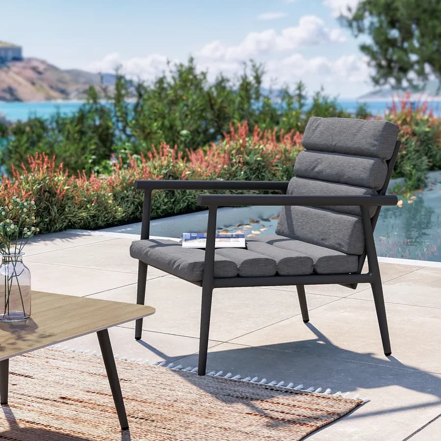 Set relax divano due poltrone e tavolino in alluminio grigio opaco con cuscini - Elyzor