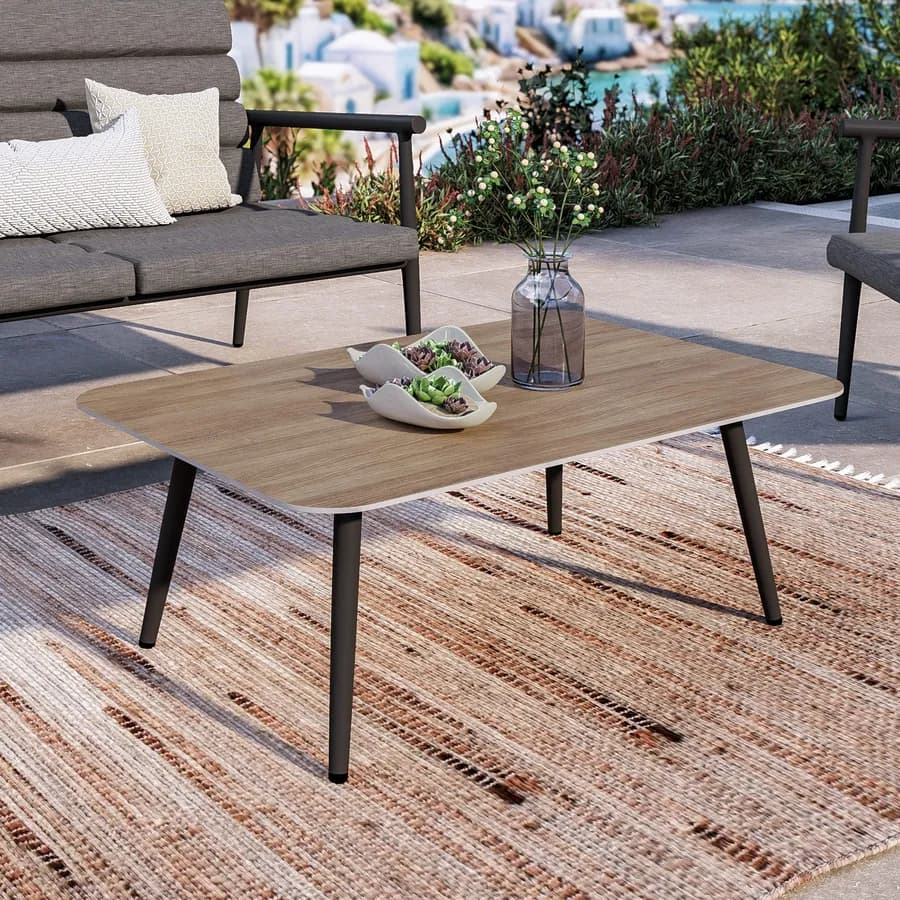 Set relax divano due poltrone e tavolino in alluminio grigio opaco con cuscini - Elyzor