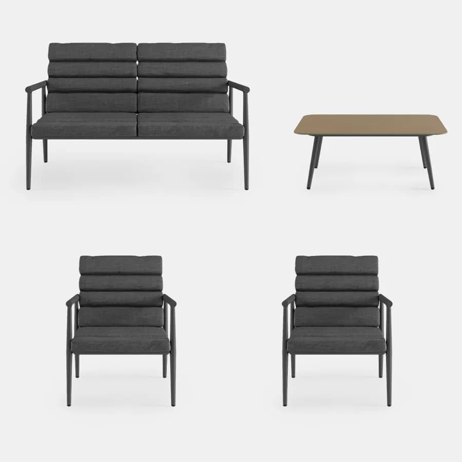 Set relax divano due poltrone e tavolino in alluminio grigio opaco con cuscini - Elyzor