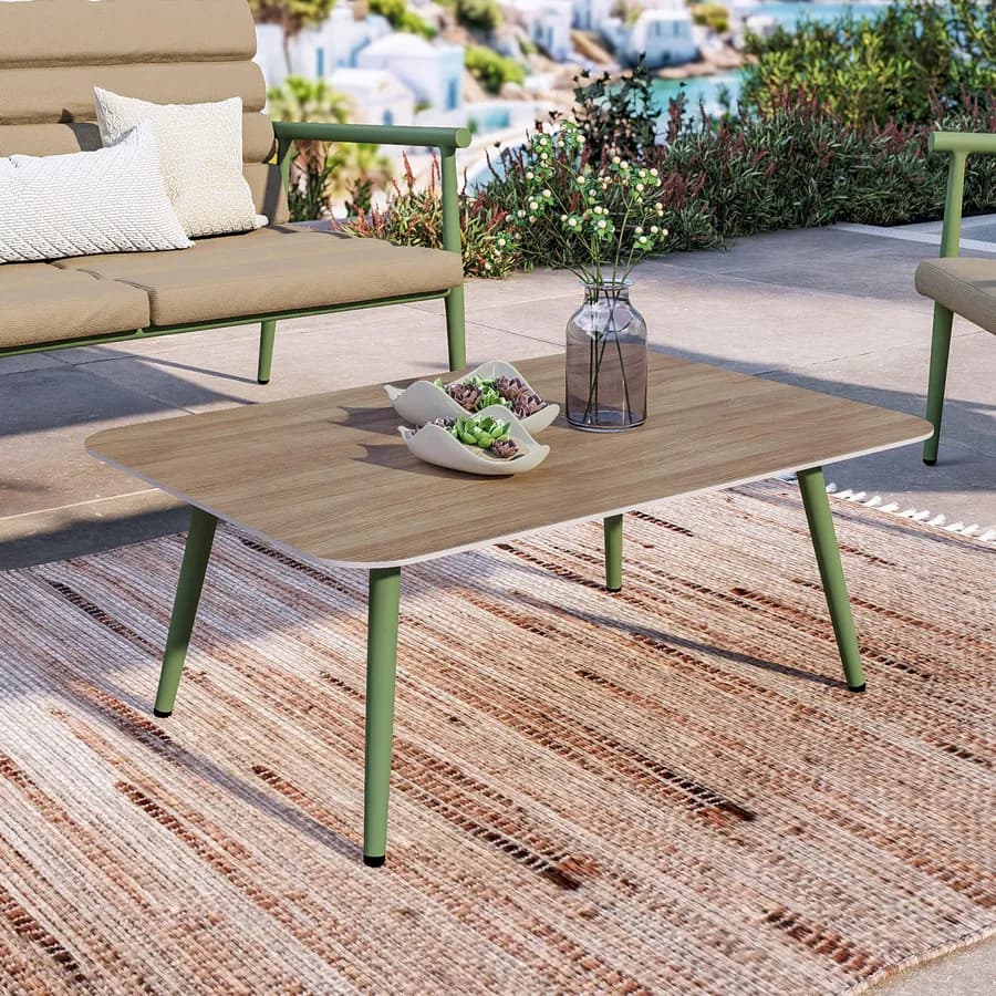 Set relax divano due poltrone e tavolino in alluminio verde opaco con cuscini - Elyzor