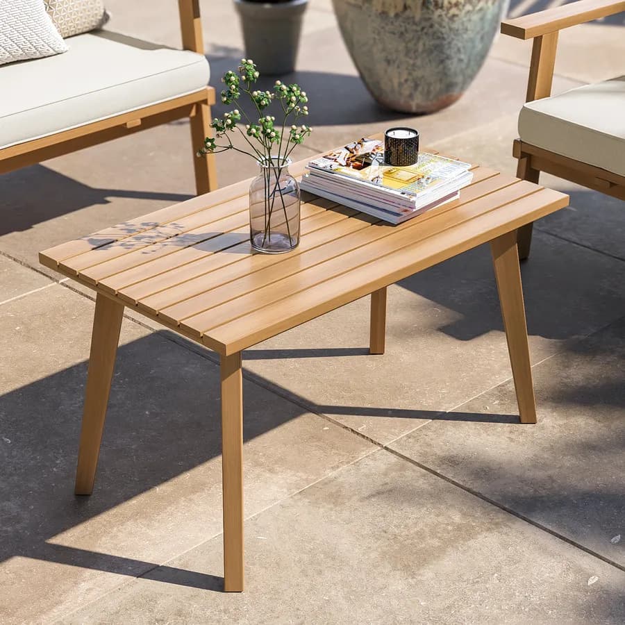 Set relax divano due poltrone e tavolino in legno di acacia e polyrattan con cuscini beige - Siron