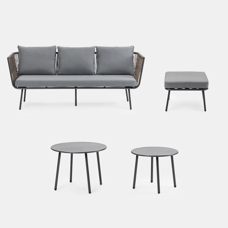 Set relax divano pouf e 2 tavolini in acciaio e polyrattan grigio - Klaus