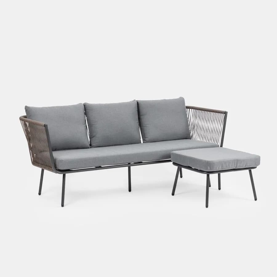 Set relax divano pouf e 2 tavolini in acciaio e polyrattan grigio - Klaus
