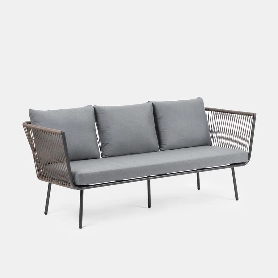 Set relax divano pouf e 2 tavolini in acciaio e polyrattan grigio - Klaus
