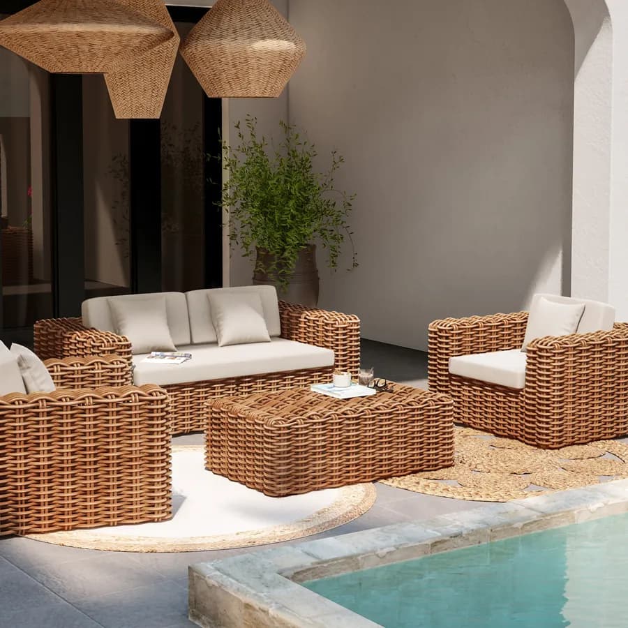 Set relax giardino con divano e tavolino 100x60 cm in rattan naturale - Daril