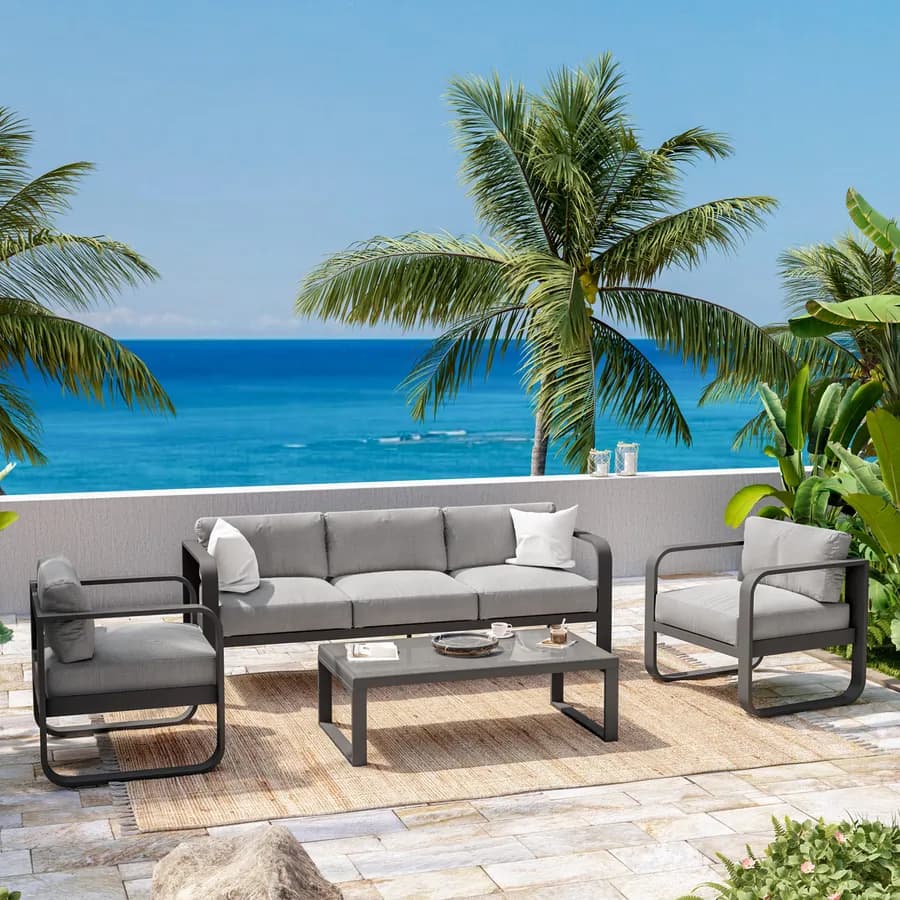 Set relax in alluminio antracite con cuscini grigi e tavolino con top in vetro - Solara
