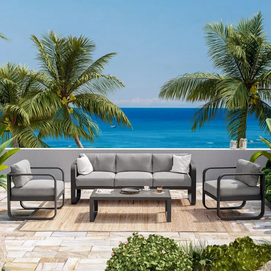 Set relax in alluminio antracite con cuscini grigi e tavolino con top in vetro - Solara