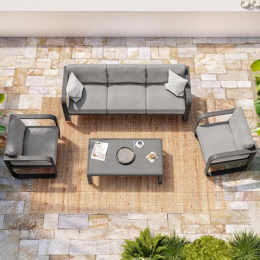 Set relax in alluminio antracite con cuscini grigi e tavolino con top in vetro - Solara
