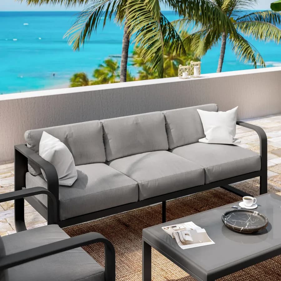 Set relax in alluminio antracite con cuscini grigi e tavolino con top in vetro - Solara