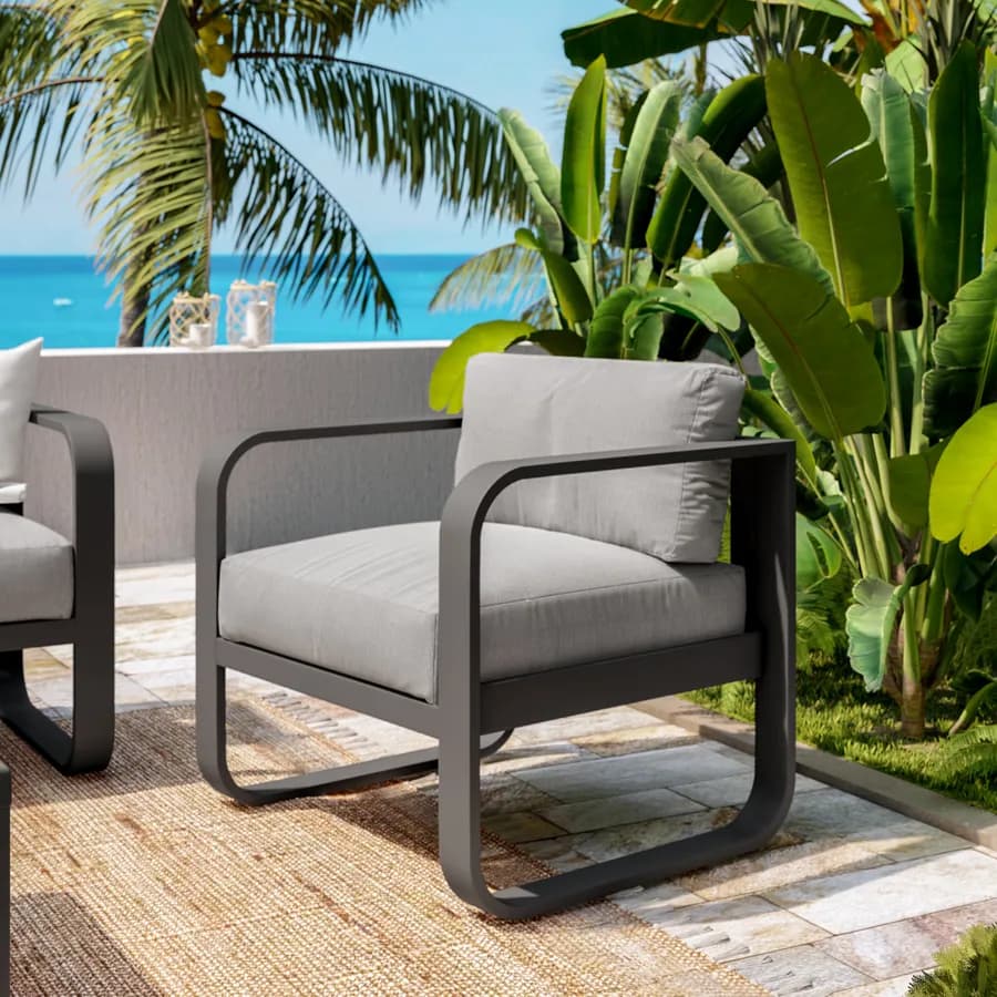 Set relax in alluminio antracite con cuscini grigi e tavolino con top in vetro - Solara