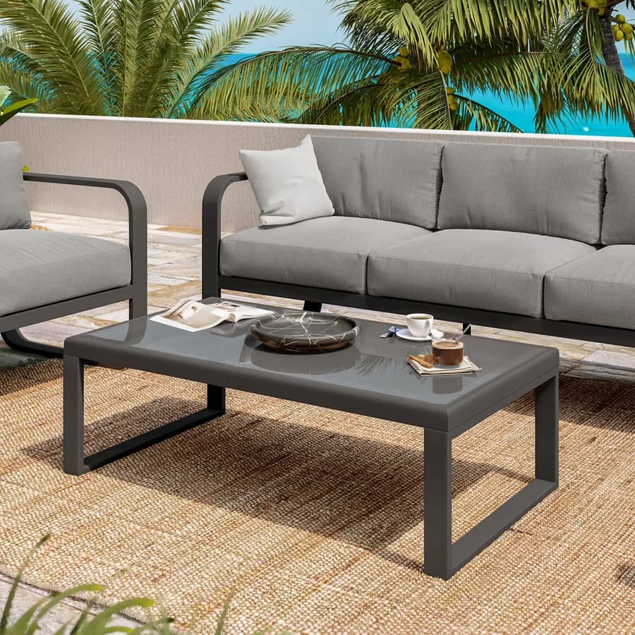 Set relax in alluminio antracite con cuscini grigi e tavolino con top in vetro - Solara